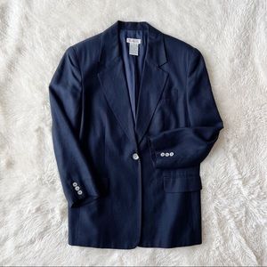 Talbots navy blue linen blend longline blazer single button not h collar Sz 12